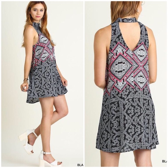 ❗️CLOSING SALE❗️ Black Printed Halter Mini Dress - Picture 2 of 3